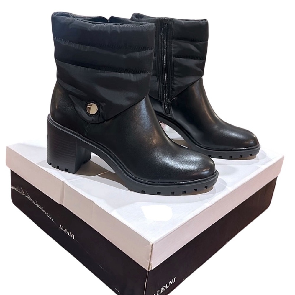 NEW ALFANI Black Puffer Lug Sole Padded Almond Toe Block Heel Zip-Up Boots Sz 9